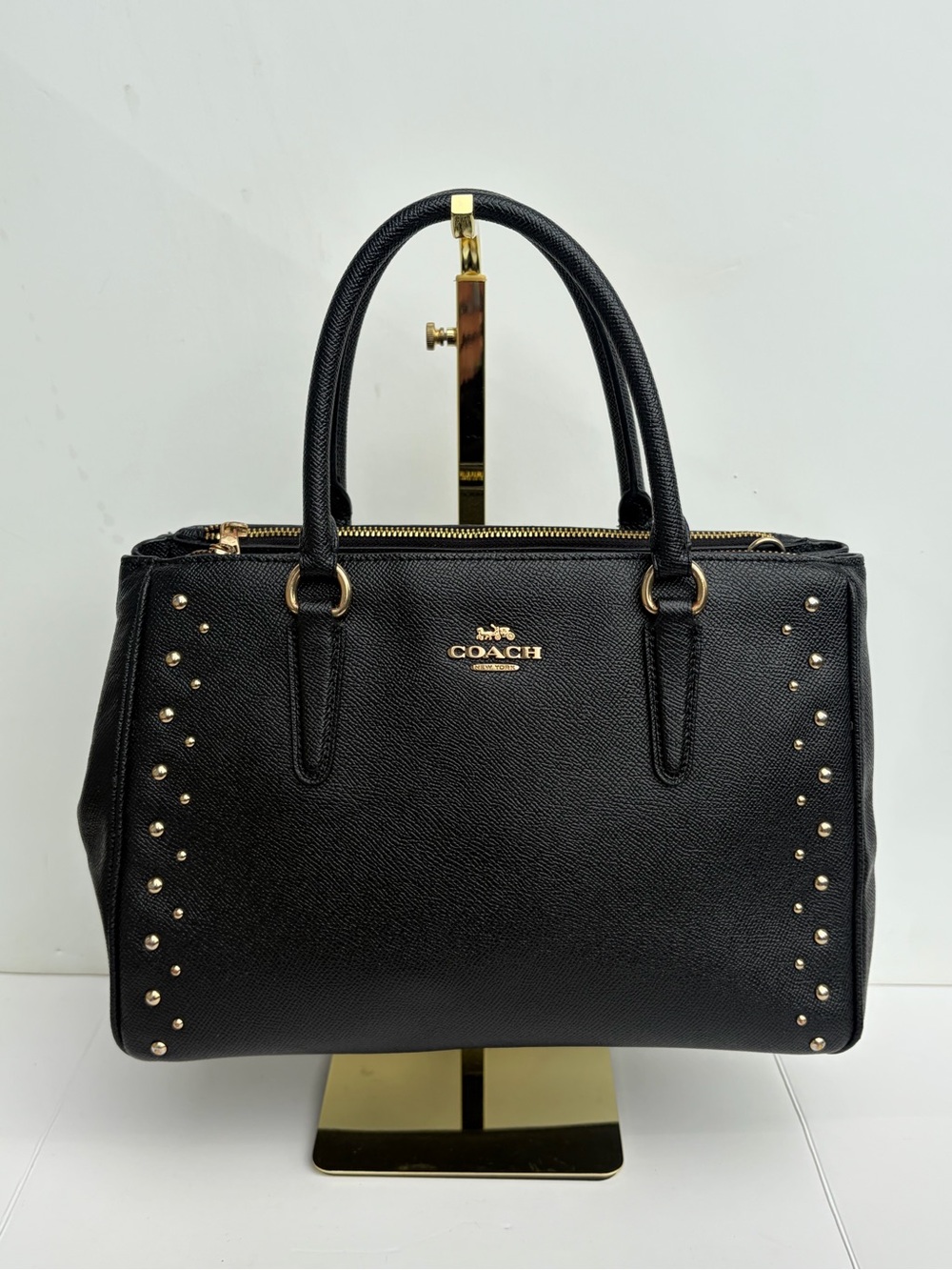 COACH Surrey Carryall Black Crossgrain Leather Studded Satchel Handbag F55600